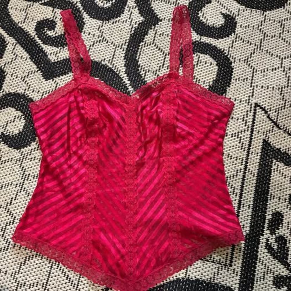 Vintage 1970s Red Striped Satin Lace Camisole Formfit Rogers Style